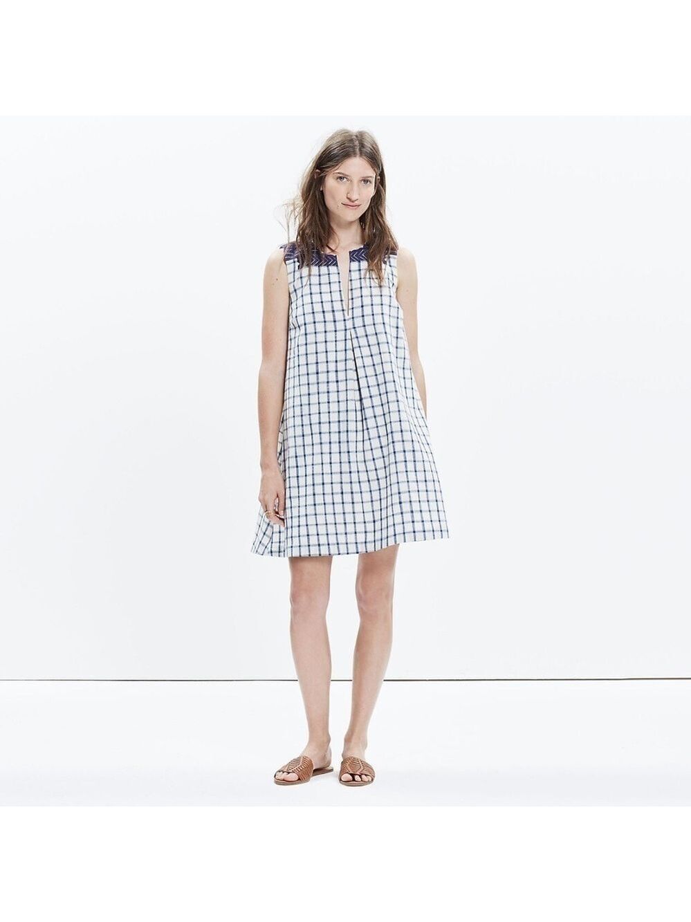 Madewell Women’s Embroidered Sunray Shirtdress Sleeveless Cream & Navy Check XXS - Picture 6 of 15